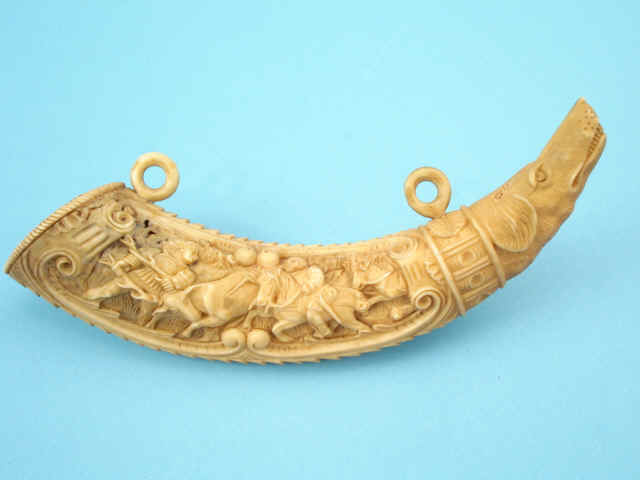 Rare and Ornately Carved Ivory Tusk Priming Powder Horn [French, probably Dieppe]