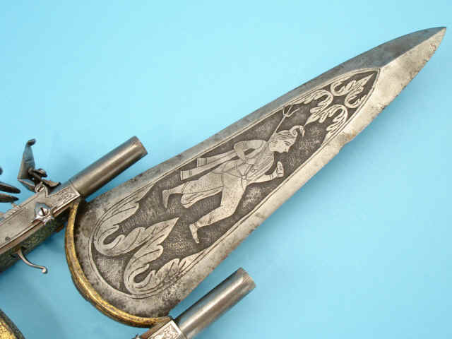 Rare Engraved IndoPersian Katar With Mounted Flintlock Pistols