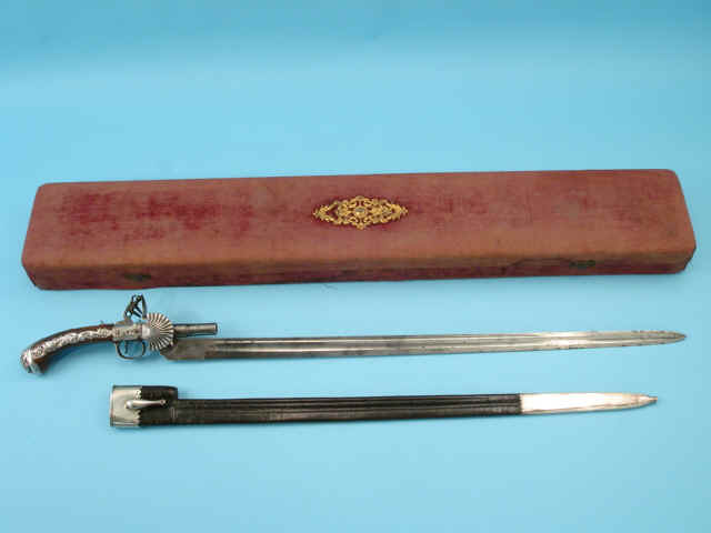 Rare Cased English Silver-Mounted Flintlock Sword Pistol and Scabbard by Griffin & Tow