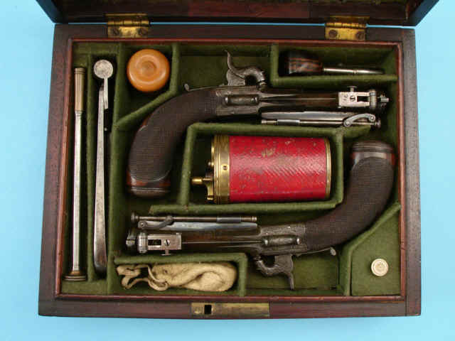Cased Pair of 109 Bore Percussion Travelling Pistols with Folding  Bayonets by Joseph Egg & Sons, London, c. 1835