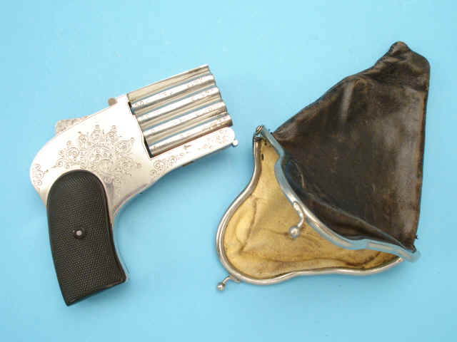 Fine Engraved Liegiose Center-Fire Four-Shot Pistol Together with Accompanying Purse Holster, c. 1905