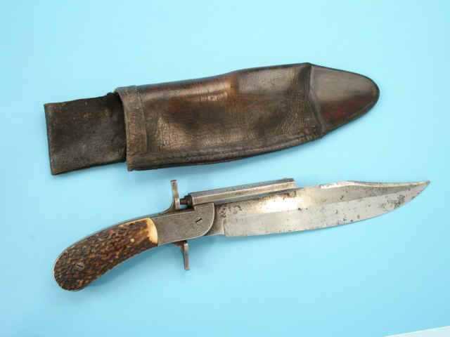 Rare and Unique Engraved Belgian Curiosa Double-Barrel Bowie Knife Percussion Pistol with Scabbard
