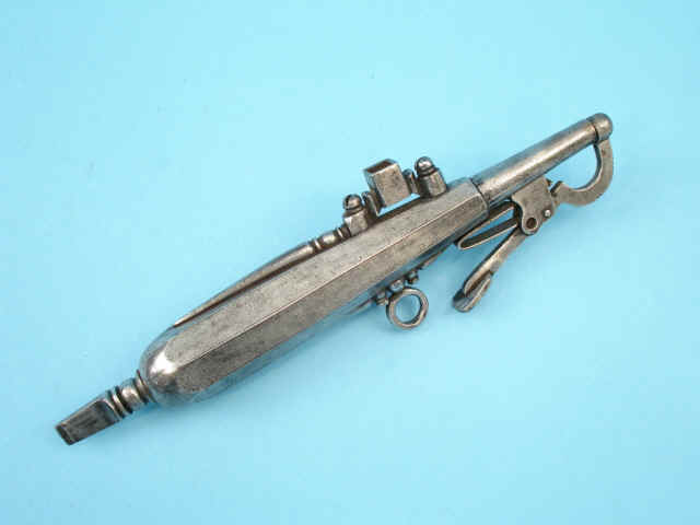 Rare and Unique 17th-Century Steel Wheellock Combination Powder Flask, Spanner Wrench, Screwdriver and Pricker