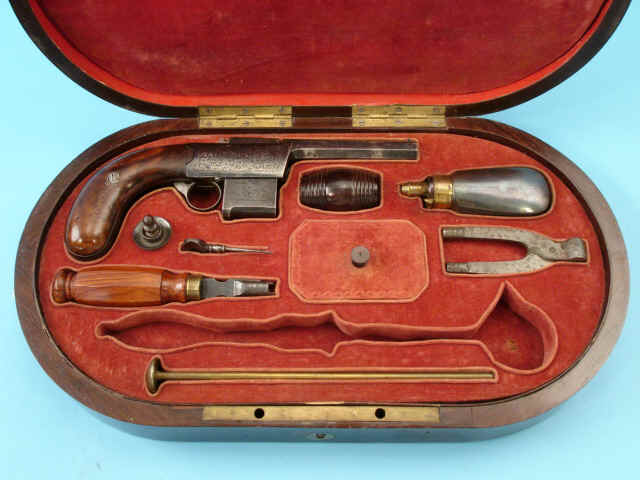 Rare Cased Etched Colleye Patent 4-Shot Ring-Trigger Percussion Harmonica Pistol, c. 1850