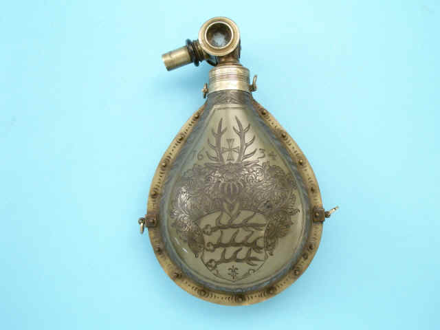 Engraved Commemorative 17th-Century Horn Powder Flask