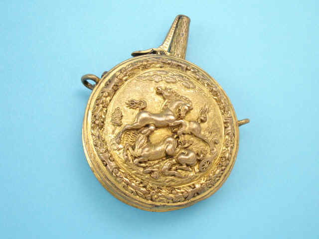 Rare German Gilt Copper Circular Pocket Powder Flask, Augsburg, c. 1600