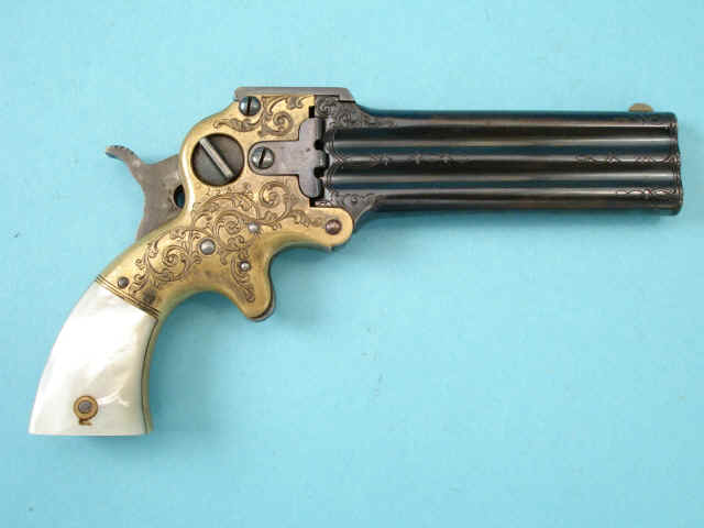 Excellent L.D. Nimschke-Engraved Marston Three-Barrel Derringer Pistol, with Mother-of-Pearl Grips