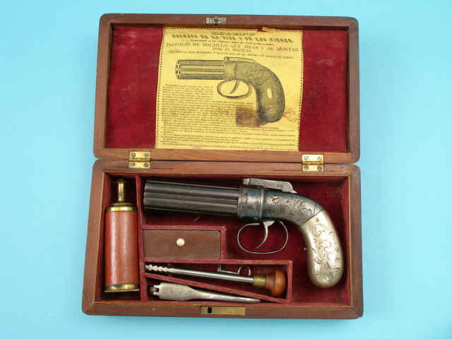 Rare Cased and Metal-Gripped Allen's Patent Pepperbox with Trade Label in Lid, Marked J.G. BOLEN, N.Y. on Bar Hammer