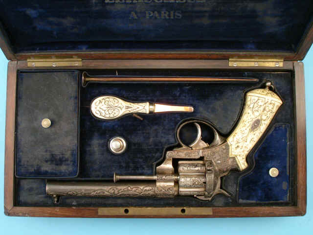 Very Fine Cased Exhibition-Engraved Silver-Plated Double Action Revolver by Lefacheux a Paris, c. 1870
