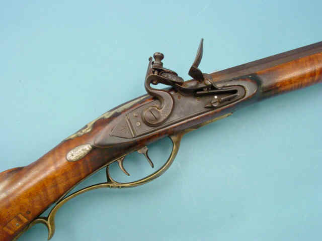 Silver-Inlaid Deluxe Flintlock Kentucky Rifle Signed with Script P on Barrel