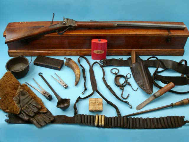 Exceptional Sharps Model 1874 Buffalo Rifle Together with Associated Wooden Travel Case and Buffalo Hunter's Accessories