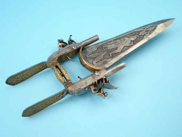 Rare Engraved Indo-Persian Katar With Mounted Flintlock Pistols