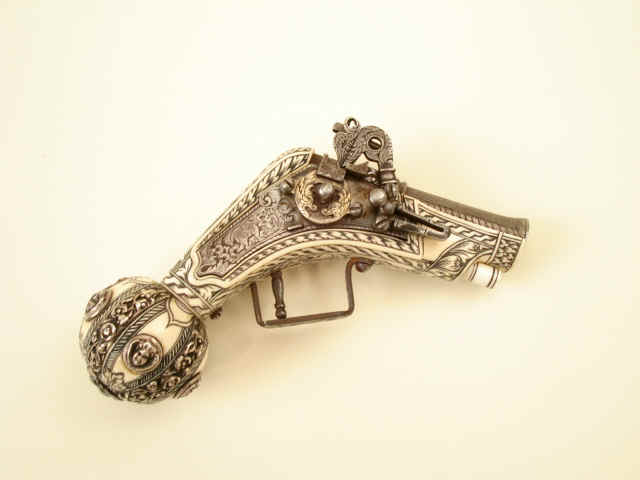 Rare and Fine Miniature Ivory-Stocked, Engraved and Scrimshawed Wheellock Ball Butt Pocket Pistol, c.19th-century or later
