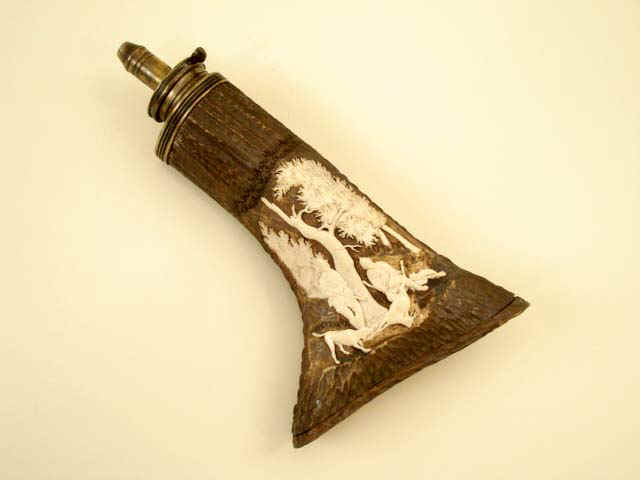 Exceptional Carved Bohemian Staghorn Powder Flask, c. 1837