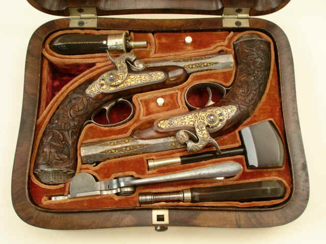 Exceptional Cased Pair of Multi-Color Gold-Inlaid Percussion Pocket Pistols by Anton Vincent Lebeda of Prague, c. 1850