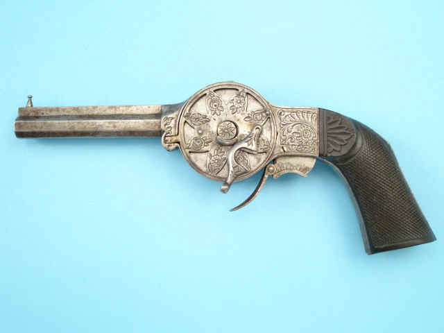 Rare Engraved French Noel System 12-Shot Pill-Lock Turret Pistol, c. 1860-70