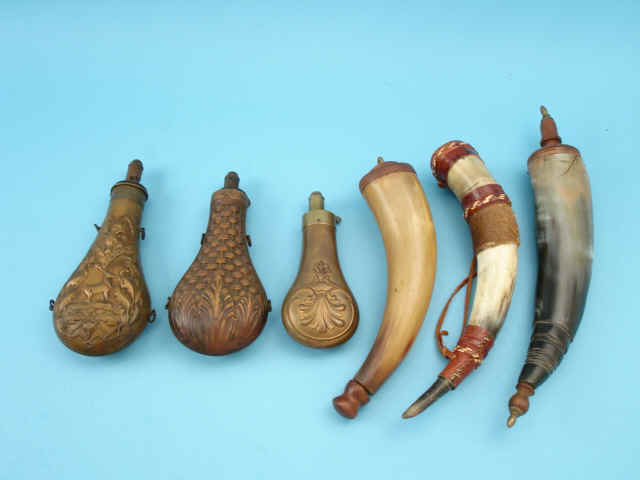 Lot of Three Powder Flasks and Three Powder Horns