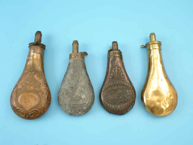 Lot of Four Assorted Antique Powder Flasks