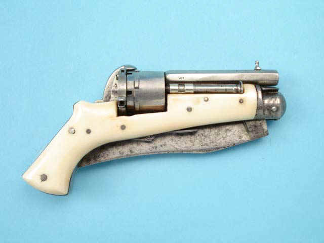 Scarce French or Belgian Ivory-Gripped Pin-Fire Knife Revolver, c. 1895