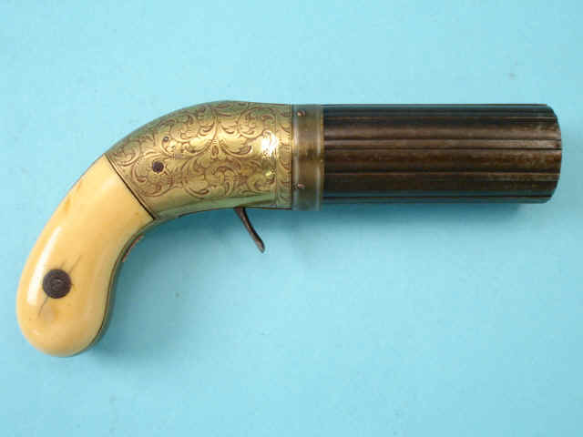 Rare Deluxe Engraved Pecare & Smith Ten-Shot Pepperbox with Low Serial Number, Dragoon Size Brass Frame and Ivory Grips