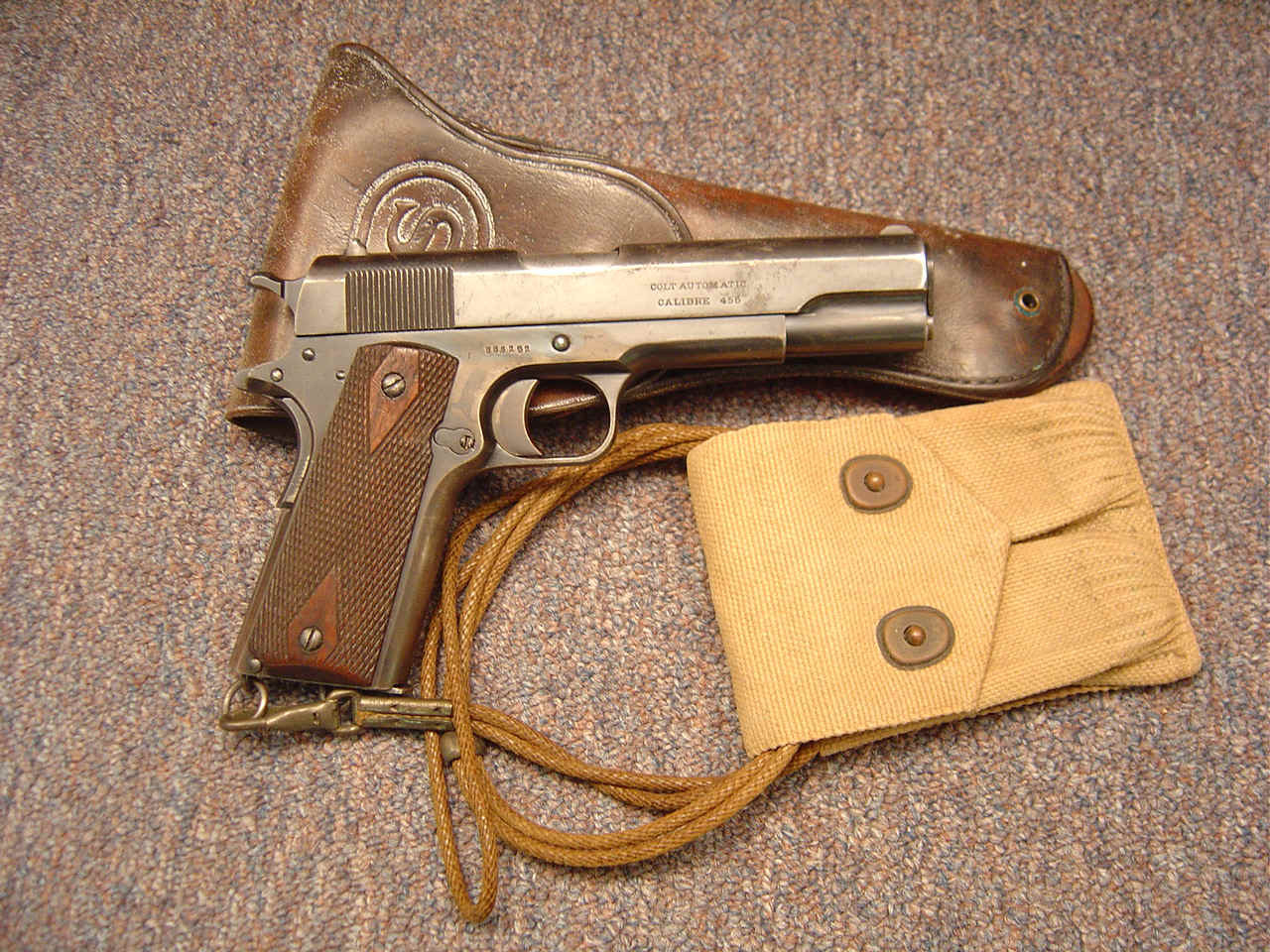 *Colt Model 1911 Semi-Auto Pistol, RAF Variation, with  Lanyard and Leather Service Holster and Canvas Magazine Pouch