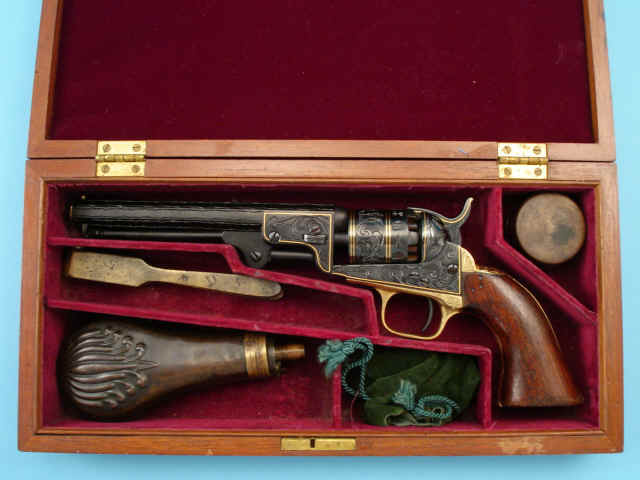 Custom-Engraved and Gold-Inlaid Colt Model 1849 Pocket Percussion Revolver with Associated Case and Accessories