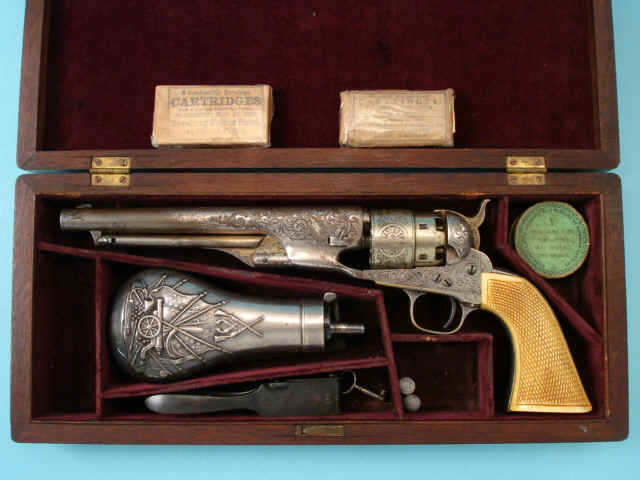 Fine Cased, L.D. Nimschke-Engraved and Gold and Silver-Plated Colt Model 1860 Army Revolver with Checkered Ivory Grips, and with Accessories