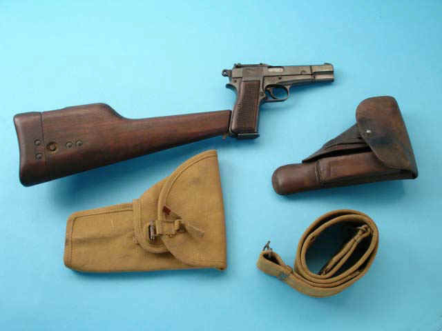 *Canadian Browning Hi-Power Semi-Automatic Pistol together with Wooden Shoulder Stock, Leather Holster, Khaki Web Holster and Field Belt