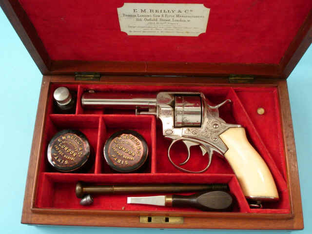 Fine and Scarce Cased and Engraved E.M. Reilly & Co. of London Double Action Breechloading Revolver