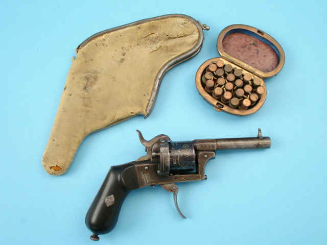 Brass and Silver-Inlaid Belgian 7mm Pin-Fire Revolver, Together With Cartridge Purse and Pouch, c. 1870