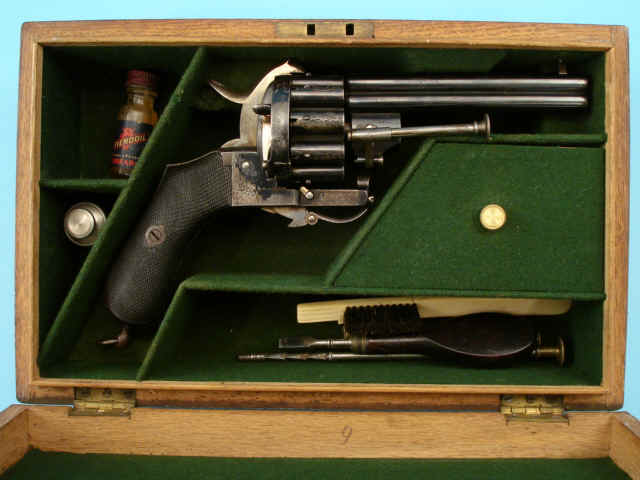 Fine Cased Engraved Liegiose Two-Barrel 20-shot 7mm Pinfire Revolver, c. 1870