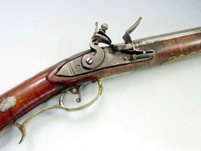 Flintlock Kentucky Rifle by John Derr, Lancaster, Pennsylvania, together with Powder Horns, Game Bag and Accessories c. 1818