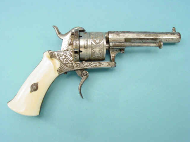 An Engraved Lefaucheux Type Pinfire Revolver with Ivory Grips