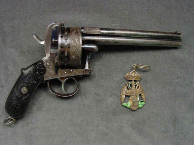 Rare, Deluxe and Historic Belgian Double Action and Double Barrel 18-Shot Pinfire Revolver, Engraved "Ferdinand Maximilian Von Oesterreich" with Silver Gilt and Enamel Imperial Pendant